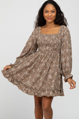 Taupe Floral Leopard Print Smocked Dress