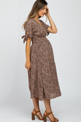 Taupe Spotted Button Front Tie Sleeve Maternity Midi Dress