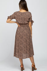 Taupe Spotted Button Front Tie Sleeve Maternity Midi Dress