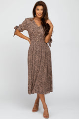 Taupe Spotted Button Front Tie Sleeve Maternity Midi Dress