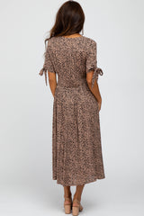 Taupe Spotted Button Front Tie Sleeve Midi Dress