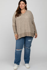 Taupe V-Neck Brushed Plus Knit Top