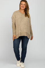 Taupe V-Neck Brushed Maternity Plus Knit Top