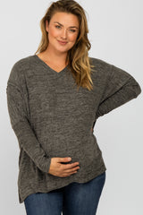 Charcoal V-Neck Brushed Maternity Plus Knit Top