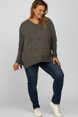 Charcoal V-Neck Brushed Maternity Plus Knit Top