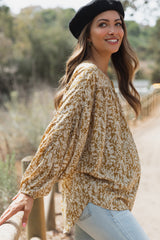 Gold Leaf Print Peasant Sleeve Maternity Blouse