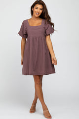 Purple Check Print Square Neck Babydoll Dress