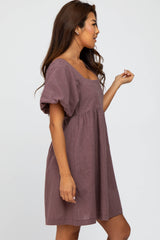 Purple Check Print Square Neck Babydoll Dress