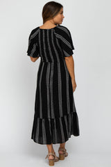 Black Stripe Tribal Print Smocked Maternity Midi Dress