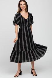 Black Stripe Tribal Print Smocked Midi Dress