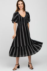 Black Stripe Tribal Print Smocked Maternity Midi Dress