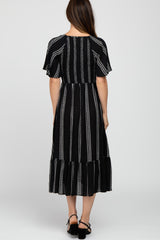 Black Stripe Tribal Print Smocked Midi Dress