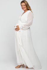 White Metallic Print Chiffon Maternity Plus Maxi Dress