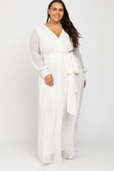 White Metallic Print Chiffon Maternity Plus Maxi Dress