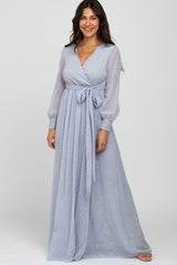 Light Grey Metallic Print Chiffon Maxi Dress