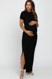 Black Ribbed Side Slit Maternity Maxi Dress