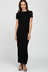 Black Ribbed Side Slit Maxi Dress