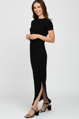 Black Ribbed Side Slit Maxi Dress