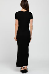 Black Ribbed Side Slit Maxi Dress