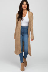 Camel Ribbed Knit Long Maternity Cardigan