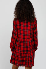 Red Plaid Tiered Long Sleeve Dress