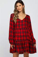 Red Plaid Tiered Long Sleeve Maternity Dress