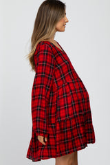 Red Plaid Tiered Long Sleeve Maternity Dress