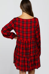 Red Plaid Tiered Long Sleeve Maternity Dress