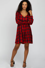 Red Plaid Tiered Long Sleeve Maternity Dress