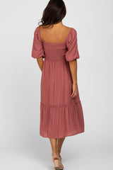 Mauve Puff Sleeve Smocked Midi Dress