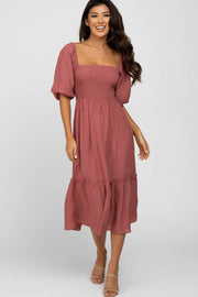 Mauve Puff Sleeve Smocked Midi Dress