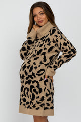 Taupe Leopard Turtleneck Maternity Sweater Dress