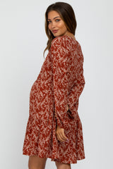 Rust Floral Ruffle Hem Maternity Dress