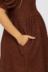 Brown Textured Puff Sleeve Maternity Dress