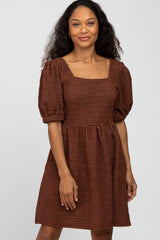 Brown Textured Puff Sleeve Dress