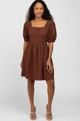 Brown Textured Puff Sleeve Dress