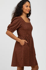 Brown Textured Puff Sleeve Dress