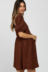 Brown Textured Puff Sleeve Maternity Dress