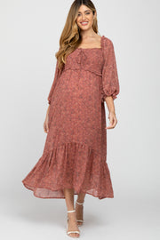 Mauve Floral Smocked 3/4 Sleeve Maternity Dress