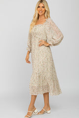 Ivory Floral Smocked 3/4 Sleeve Dress