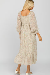 Ivory Floral Smocked 3/4 Sleeve Dress