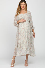 Ivory Floral Smocked 3/4 Sleeve Maternity Dress