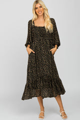 Black Floral Smocked 3/4 Sleeve Maternity Dress