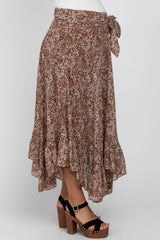 Brown Floral Ruffle Hem Maternity Midi Skirt