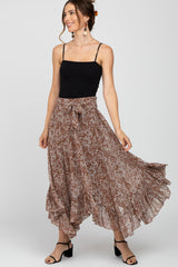 Brown Floral Ruffle Hem Maternity Midi Skirt