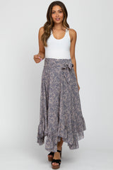 Blue Floral Ruffle Hem Maternity Midi Skirt