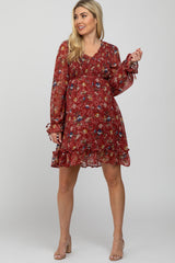 Burgundy Floral Chiffon Ruffle Accent Maternity Dress