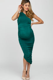 Forest Green One Shoulder Ruched Side Maternity Midi Dress