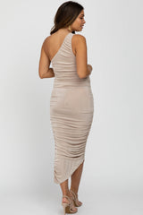 Beige One Shoulder Ruched Side Maternity Midi Dress