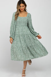 Light Olive Floral Smocked Tiered Midi Dress